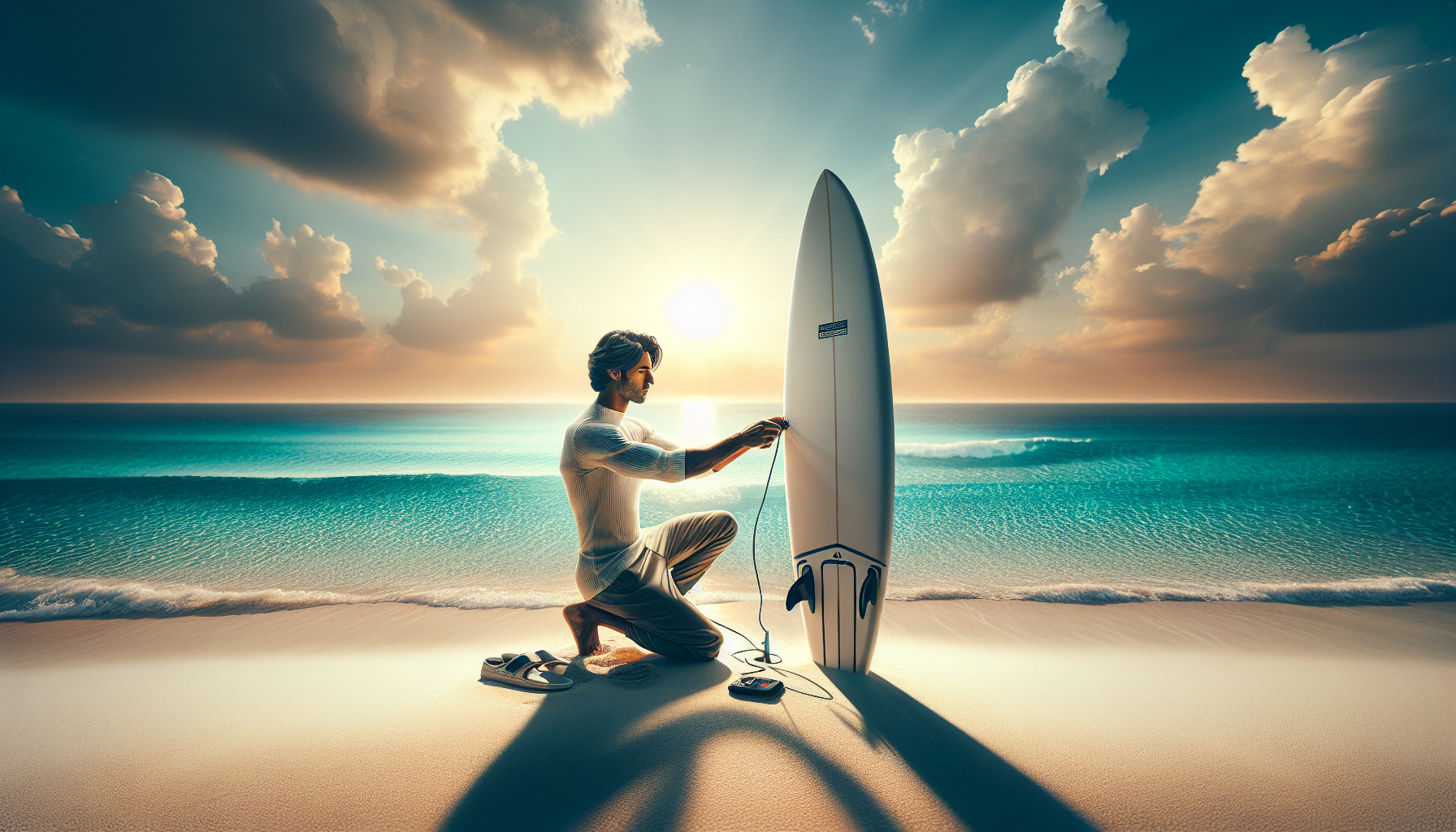 Surfer preparing gear at Sunset Beach Dubai with clear blue water in background
